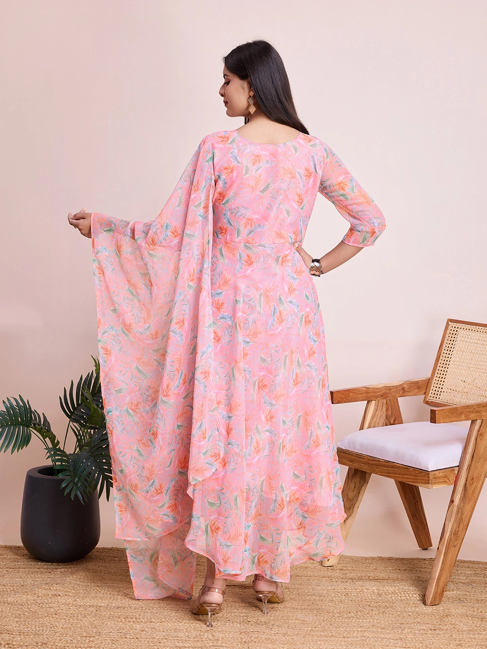 Peach Pastel Print Maxi Dress with Flowy Dupatta - Rheycart