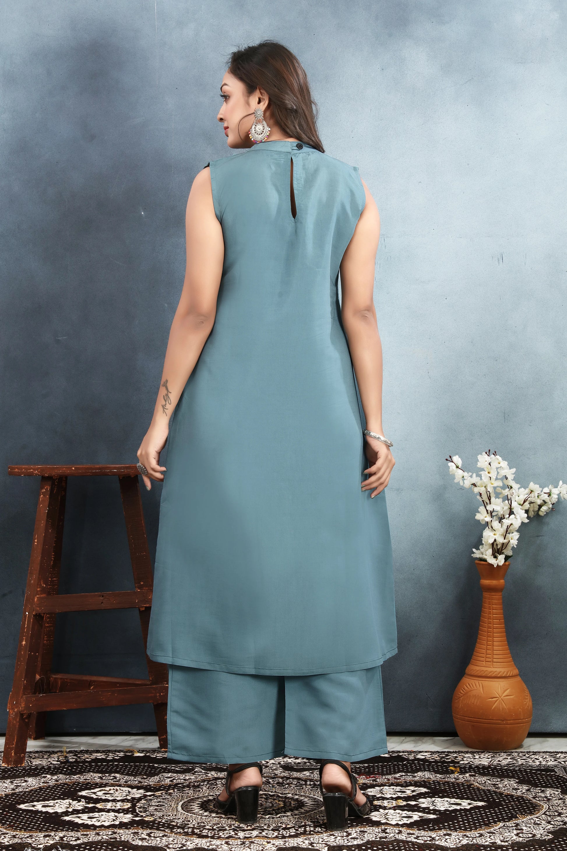 A-Line Roman Silk Blue Kurti Set - Rheycart