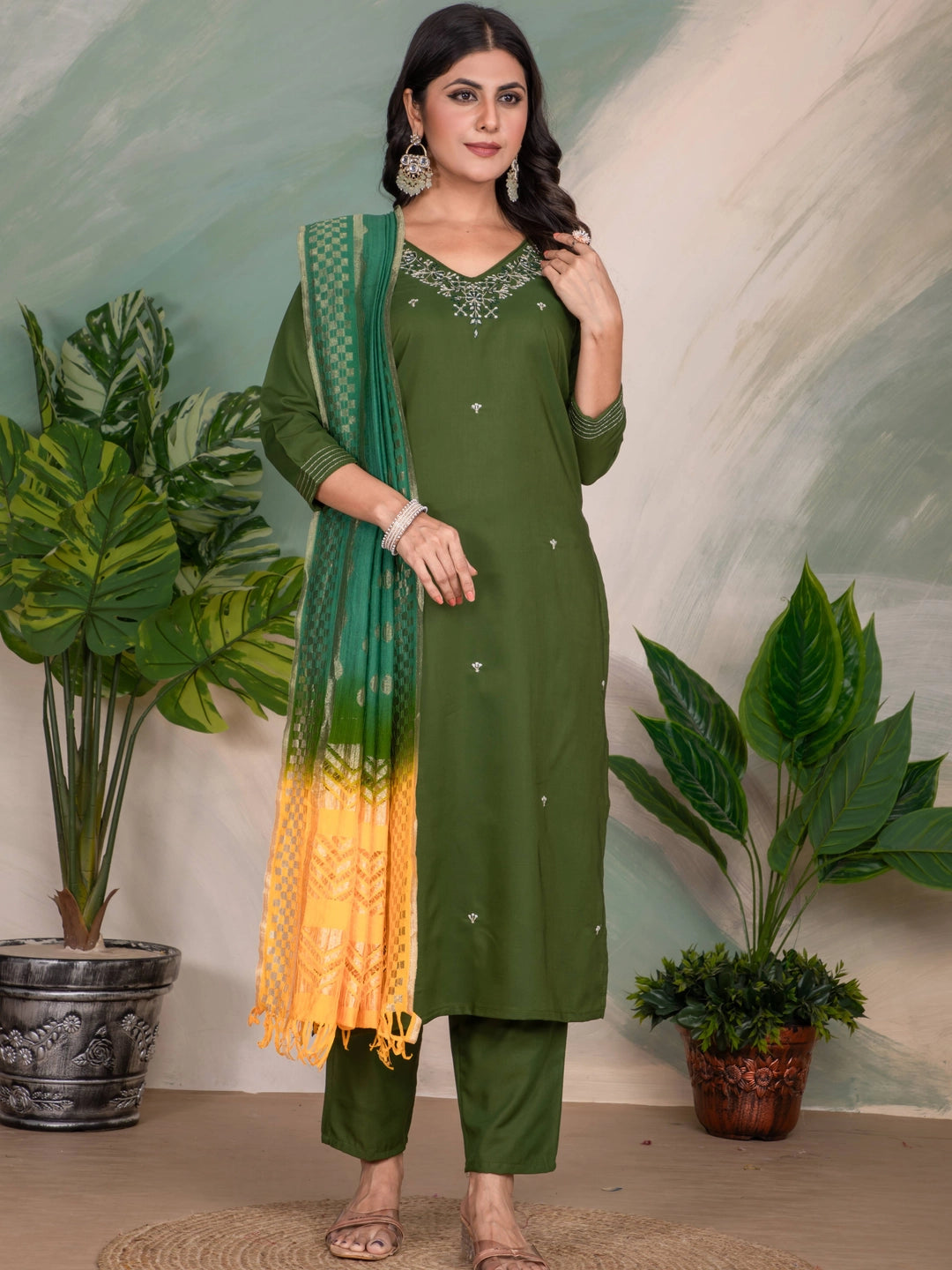 Mehendi Color Embroidery Work Straight Kurti Set - Rheycart