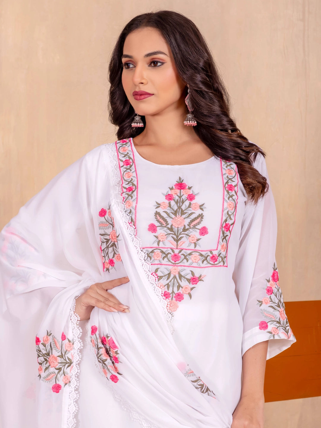 White Faux Georgette Embroidery work Kurti Set - Rheycart