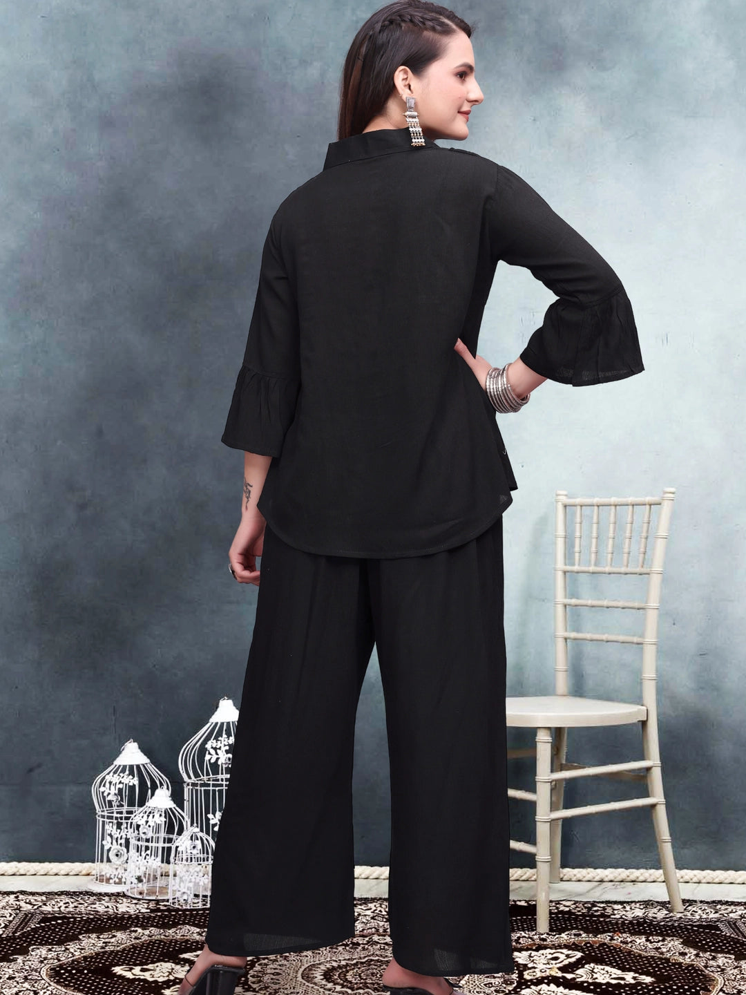 Black Crinkle Cotton Co-ord Set For Women - Rheycart
