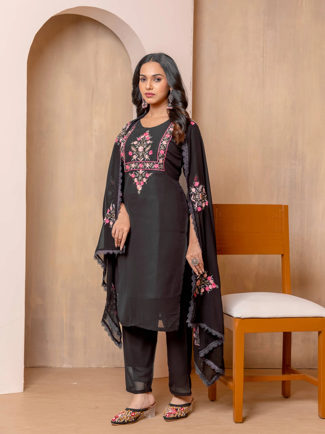 Faux Georgette Embroidery work Black Kurti Set - Rheycart