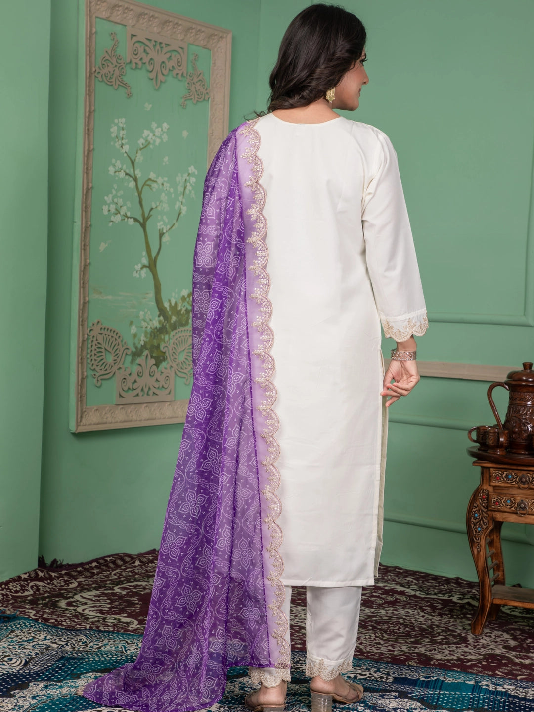 Roman Silk Embroidered V Neckline Kurta Set - Rheycart