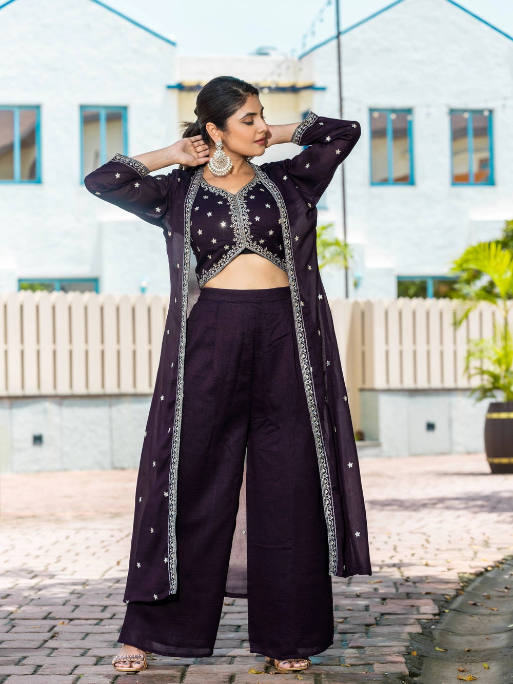 Violet Vichitra Silk Top Bottom With Shrug - Rheycart