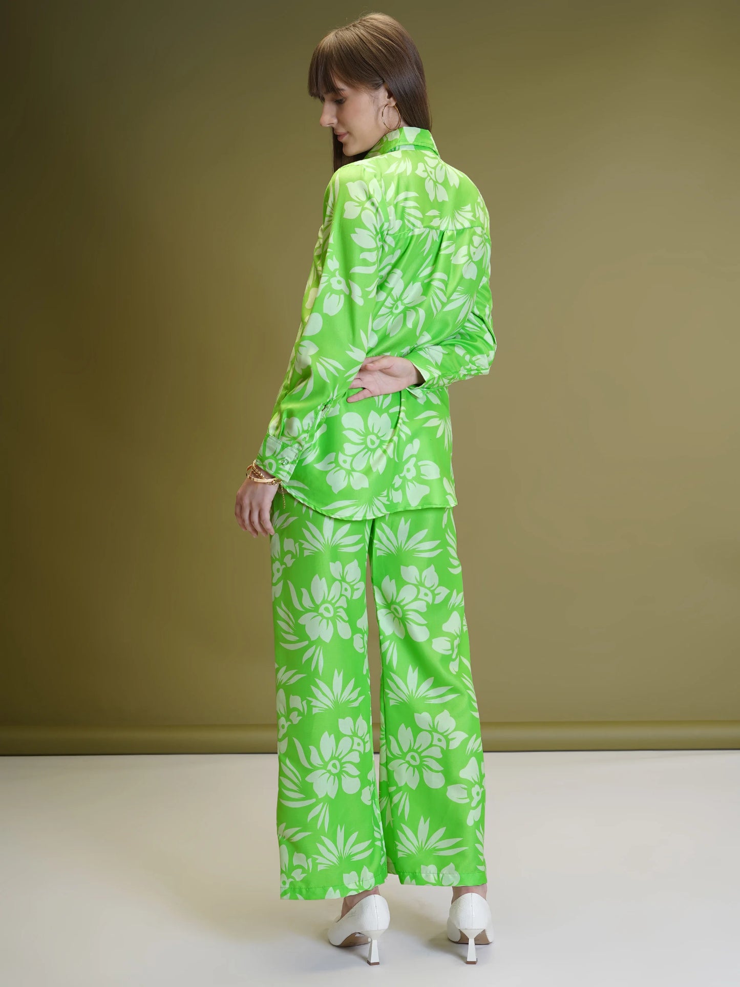 Neon Green Floral Co-ord Set For Women - Rheycart