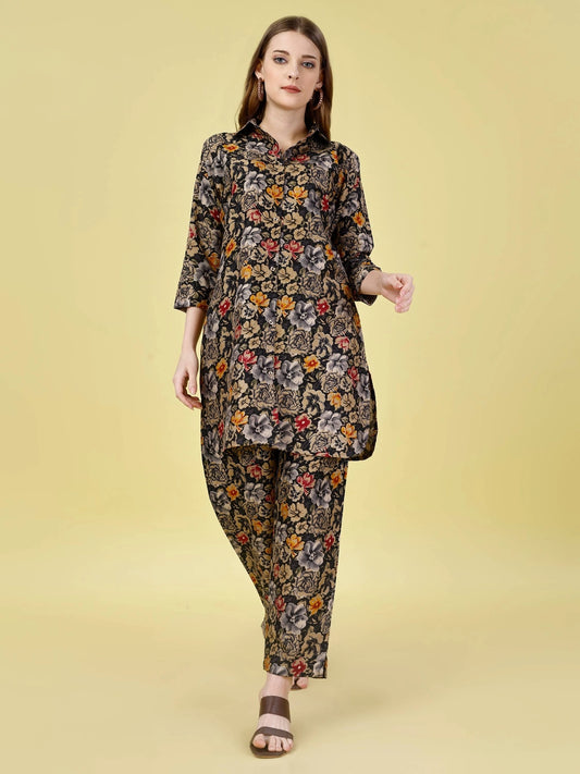 Floral Printed Cotton Rayon Black Co-ord Set - Rheycart