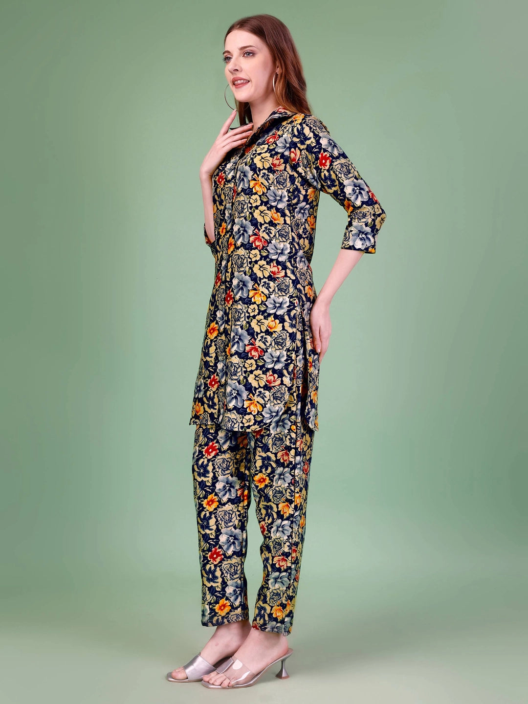 Blue Cotton Rayon Floral Printed Co-ord Set - Rheycart