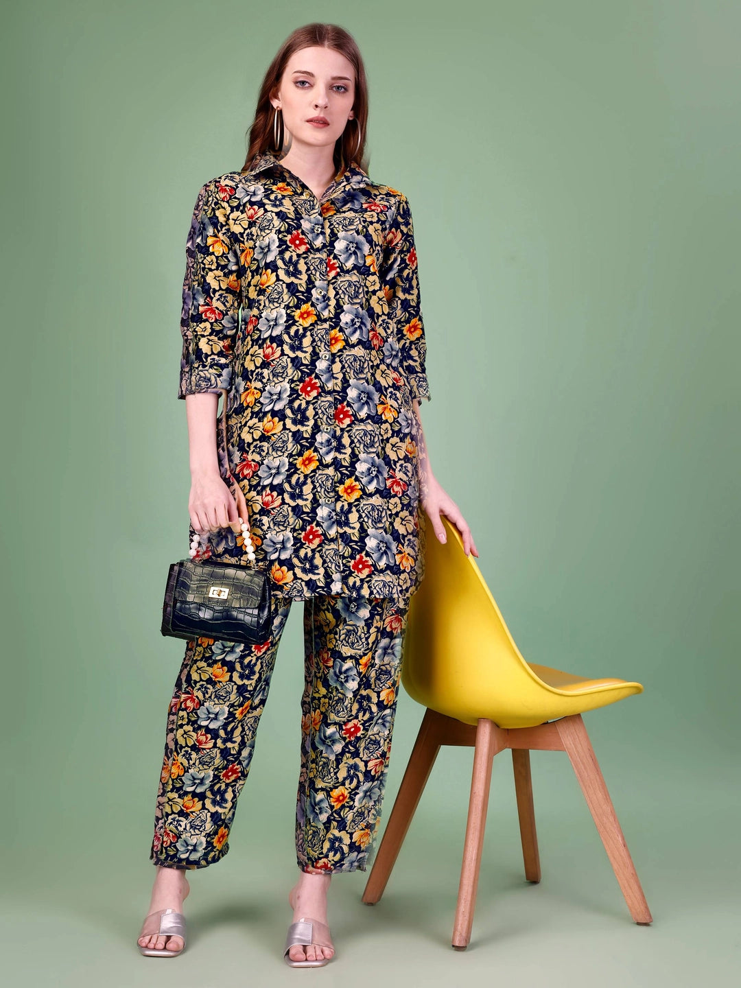 Blue Cotton Rayon Floral Printed Co-ord Set - Rheycart