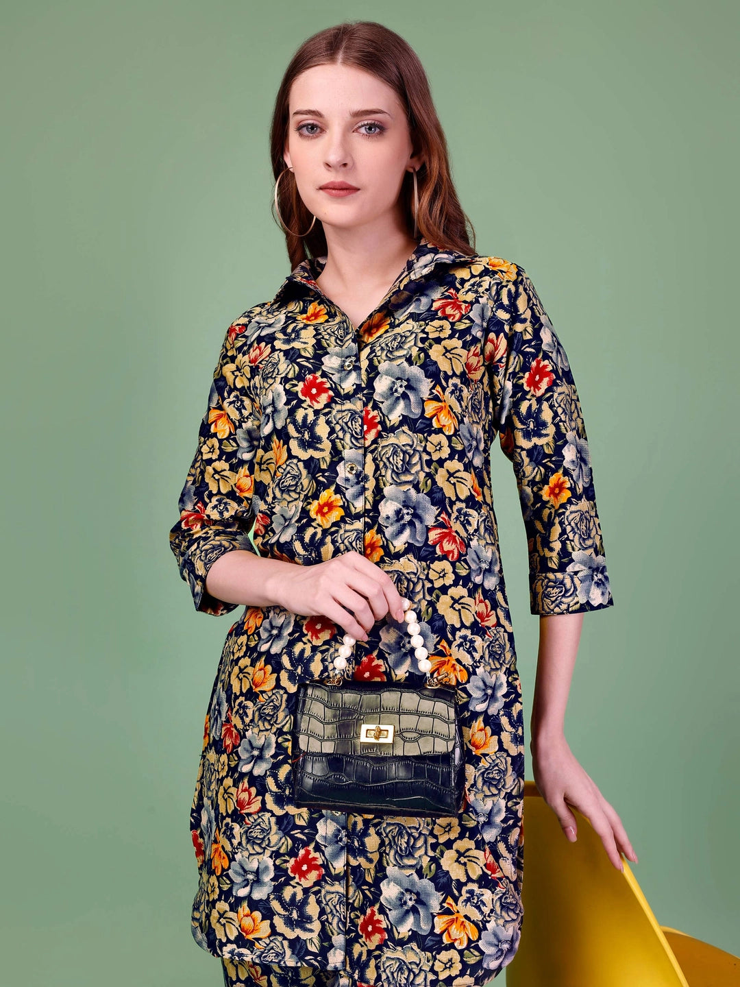 Blue Cotton Rayon Floral Printed Co-ord Set - Rheycart