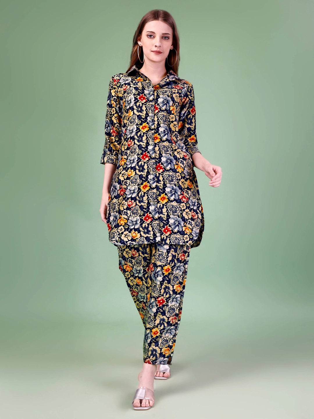 Blue Cotton Rayon Floral Printed Co-ord Set - Rheycart
