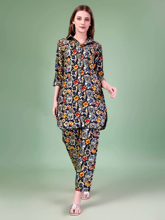 Blue Cotton Rayon Floral Printed Co-ord Set - Rheycart