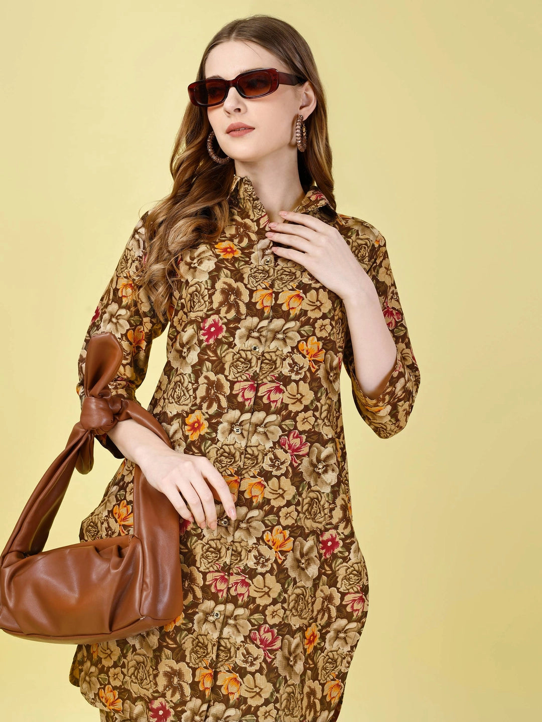 Coffee Cotton Rayon Floral Printed Co-ord Set - Rheycart