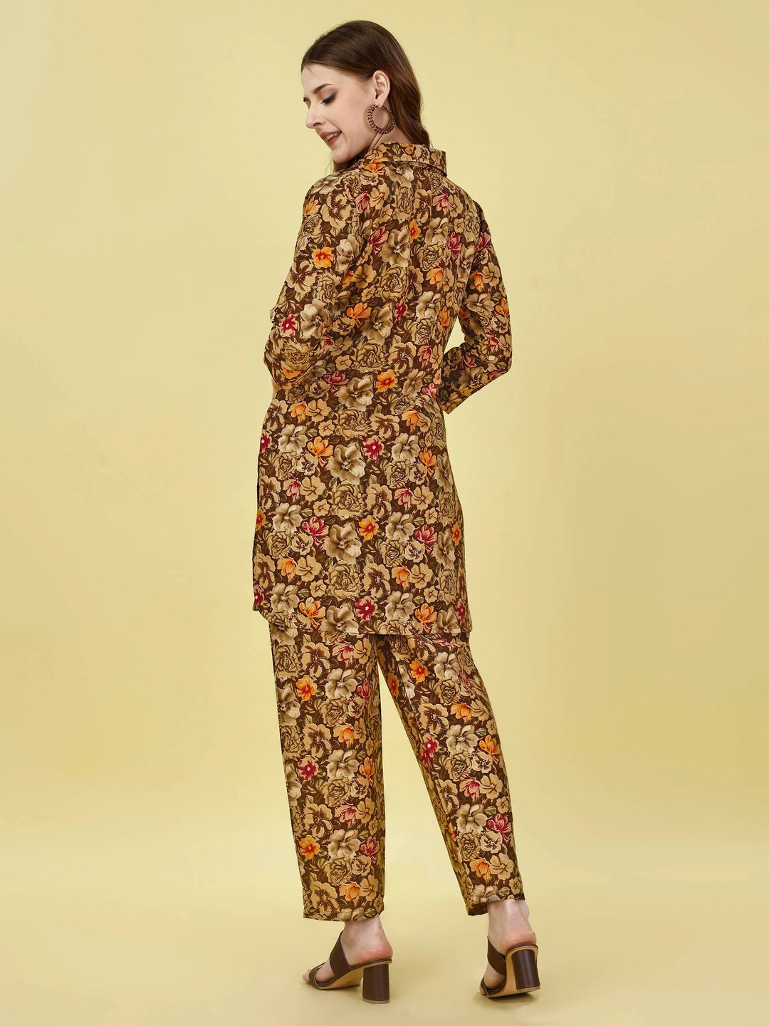 Coffee Cotton Rayon Floral Printed Co-ord Set - Rheycart