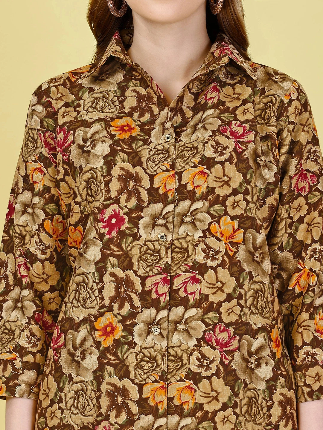 Coffee Cotton Rayon Floral Printed Co-ord Set - Rheycart