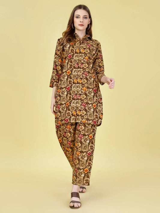 Coffee Cotton Rayon Floral Printed Co-ord Set - Rheycart