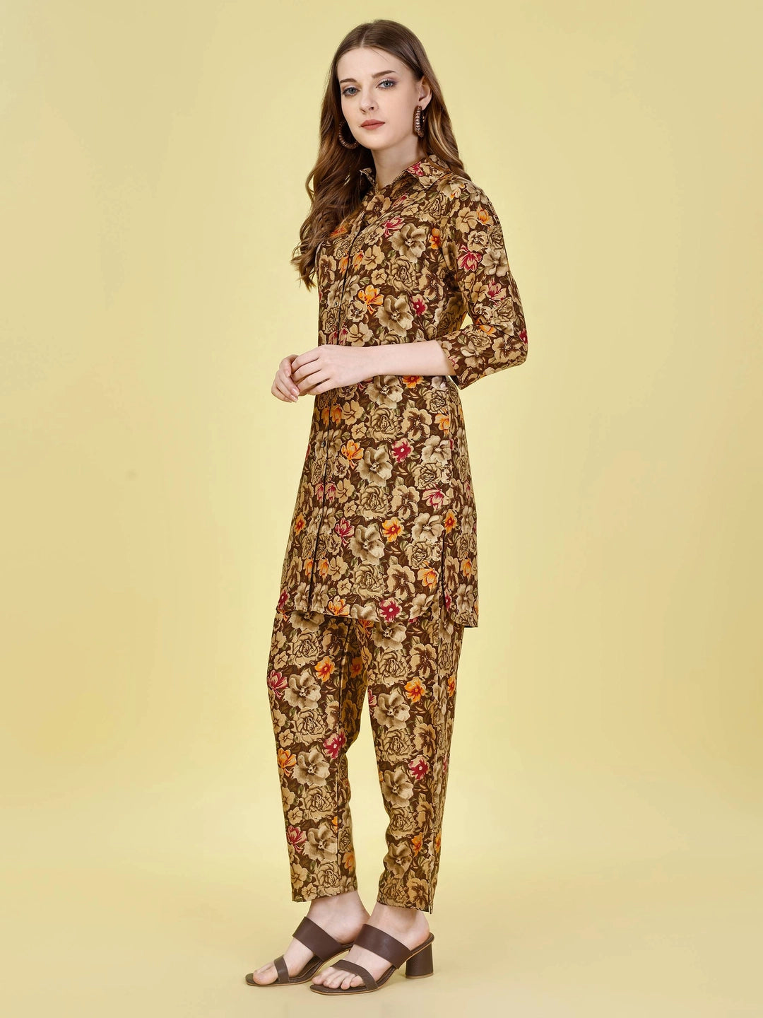 Coffee Cotton Rayon Floral Printed Co-ord Set - Rheycart