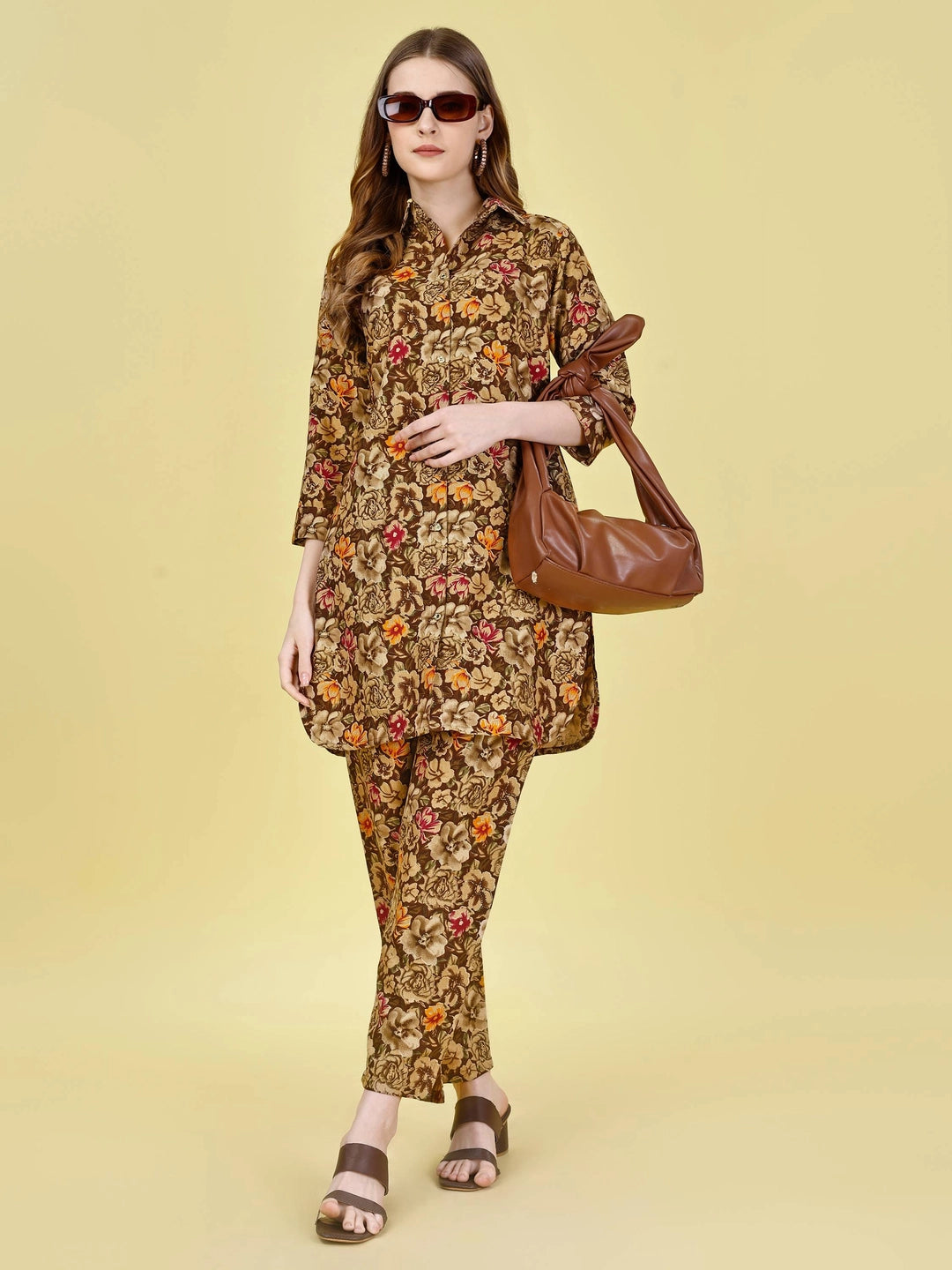 Coffee Cotton Rayon Floral Printed Co-ord Set - Rheycart