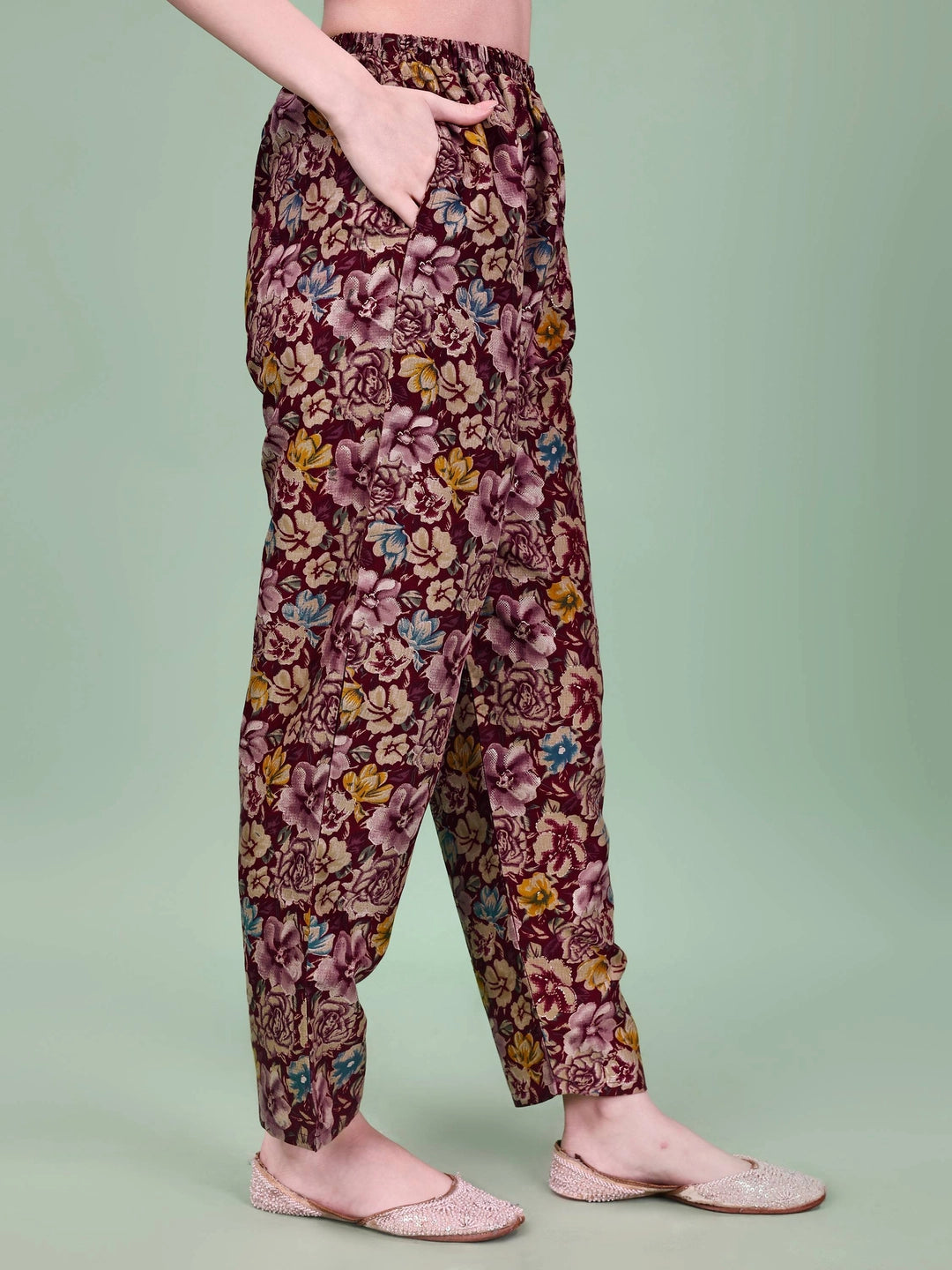 Rayon Cotton Wine Floral Printed Co-ord Set - Rheycart