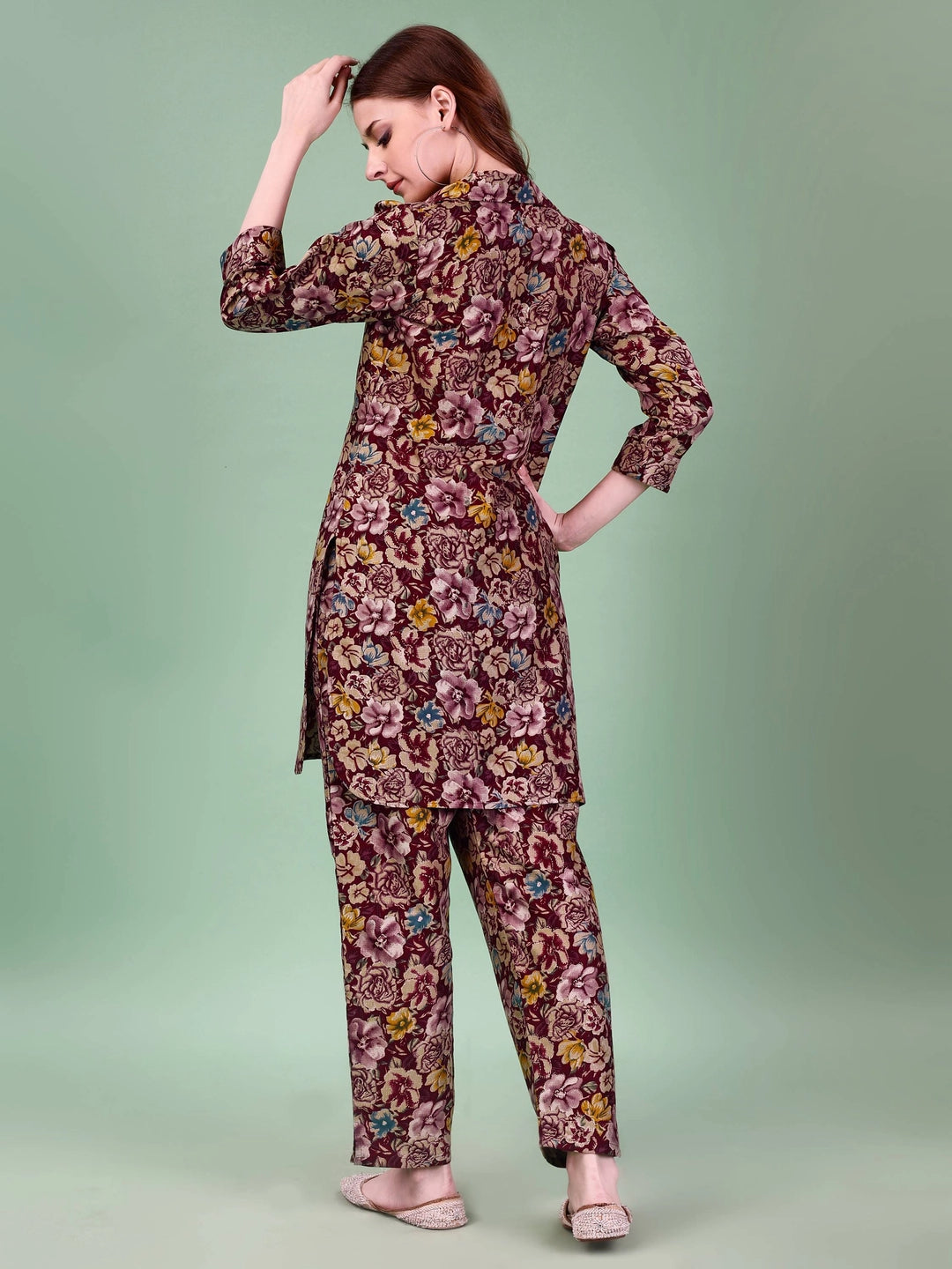Rayon Cotton Wine Floral Printed Co-ord Set - Rheycart