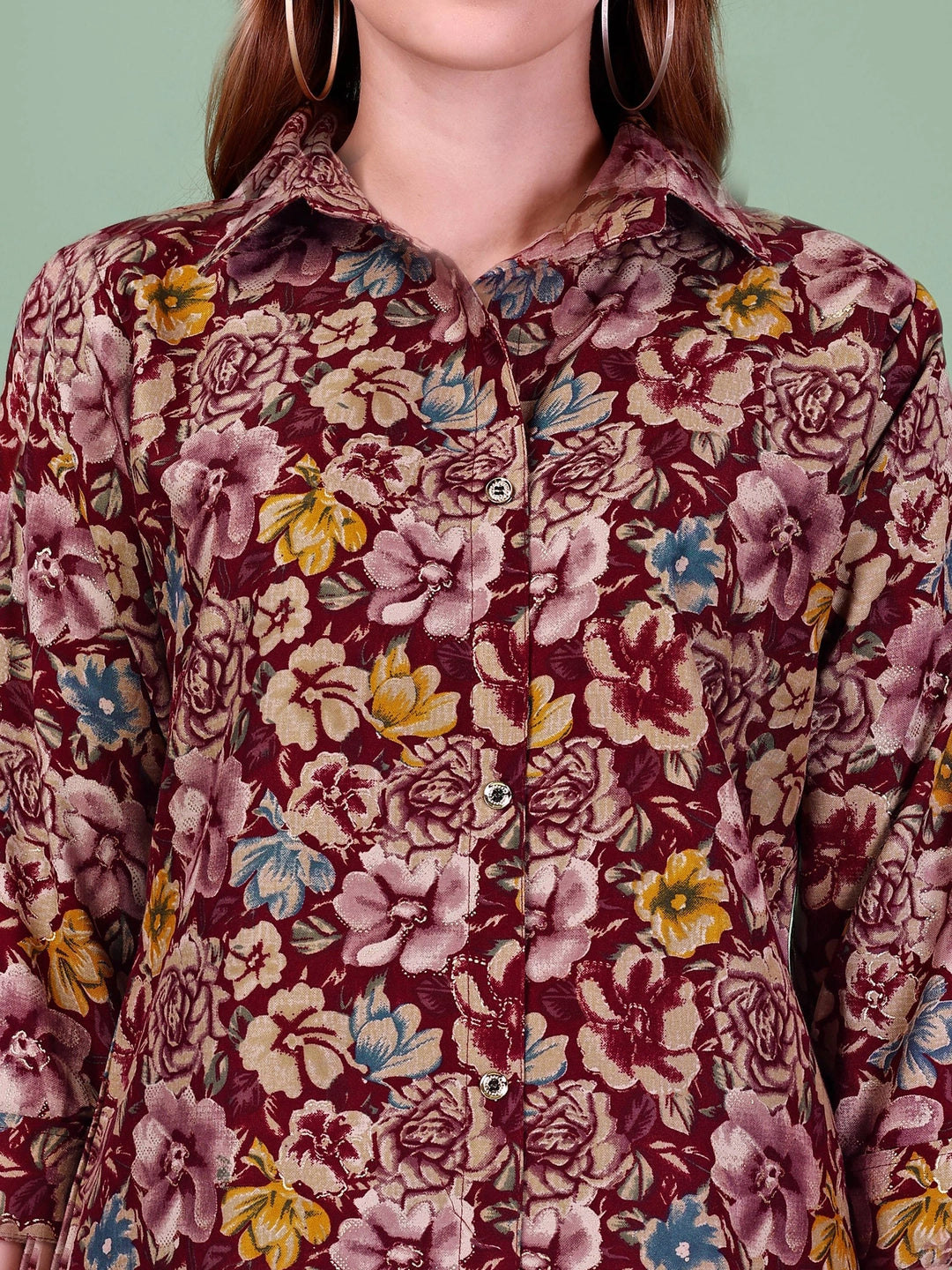 Rayon Cotton Wine Floral Printed Co-ord Set - Rheycart