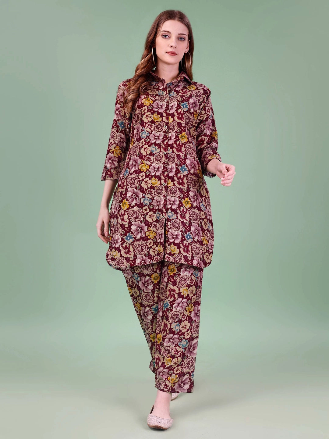 Rayon Cotton Wine Floral Printed Co-ord Set - Rheycart
