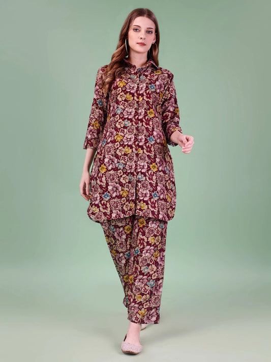 Rayon Cotton Wine Floral Printed Co-ord Set - Rheycart