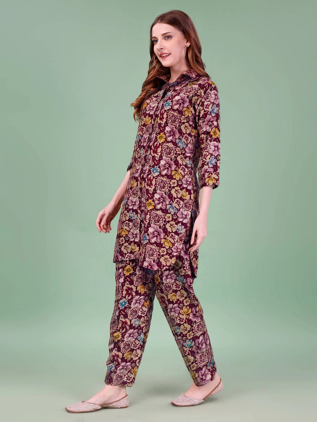 Rayon Cotton Wine Floral Printed Co-ord Set - Rheycart
