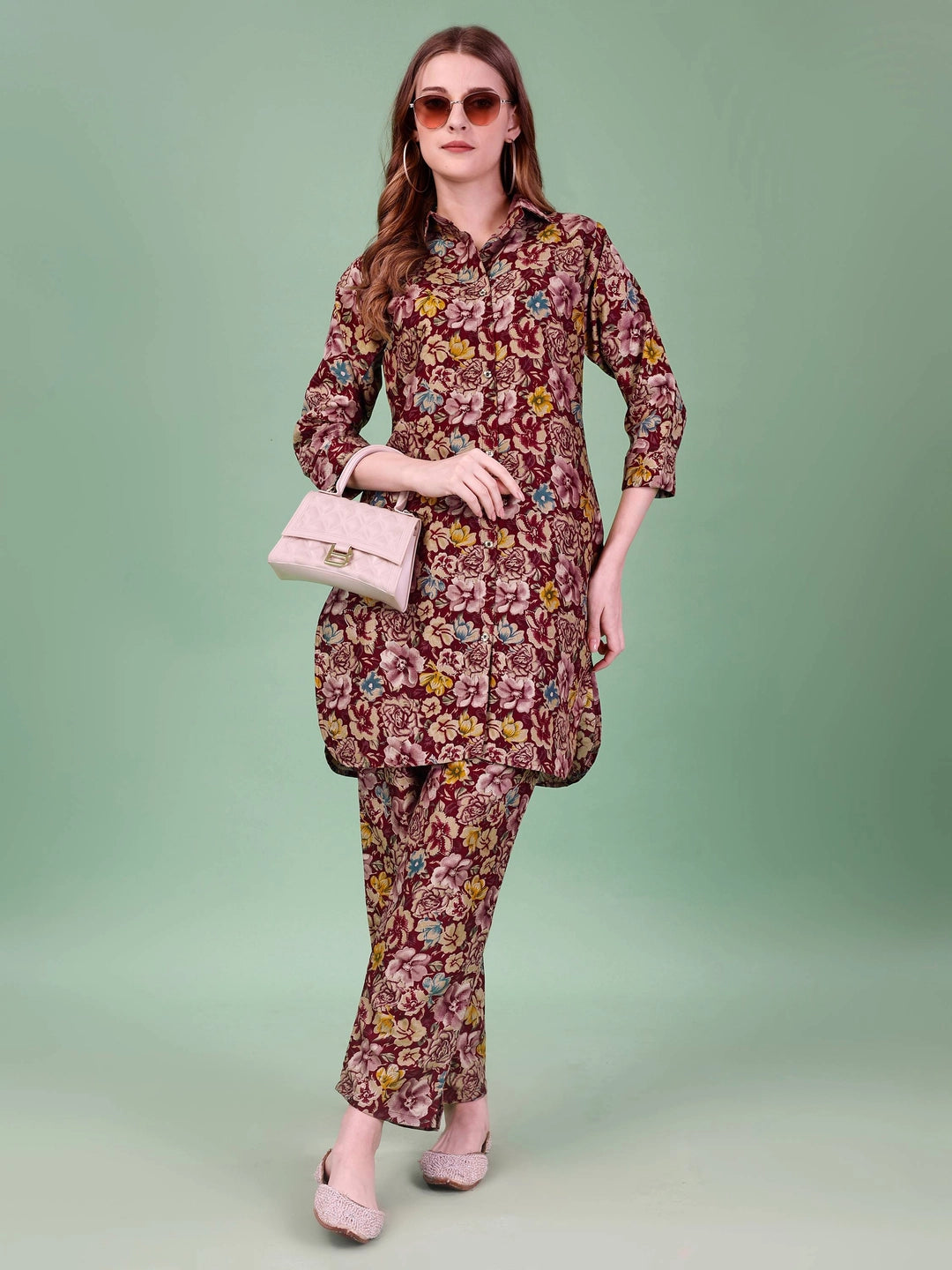Rayon Cotton Wine Floral Printed Co-ord Set - Rheycart