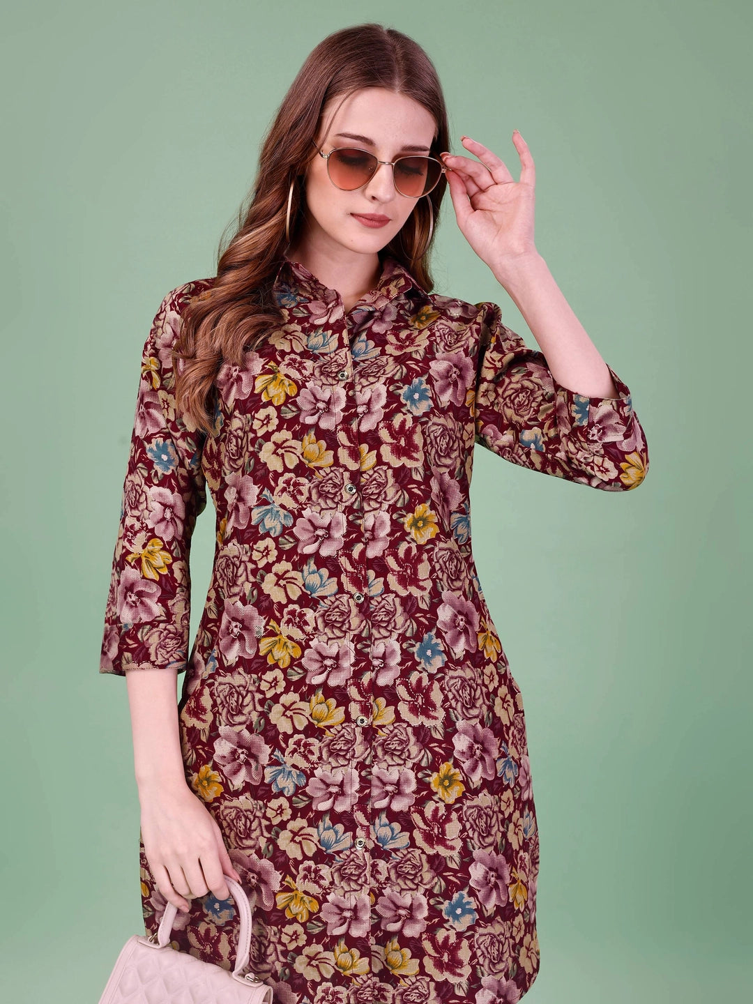 Rayon Cotton Wine Floral Printed Co-ord Set - Rheycart