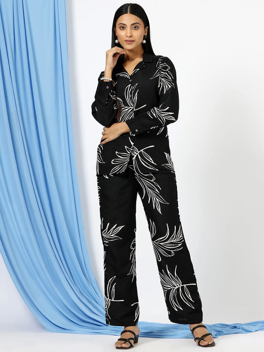 Black & White Tropical Leaf Print Co-ord Set For Women - Rheycart