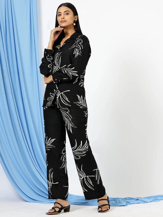Black & White Tropical Leaf Print Co-ord Set For Women - Rheycart
