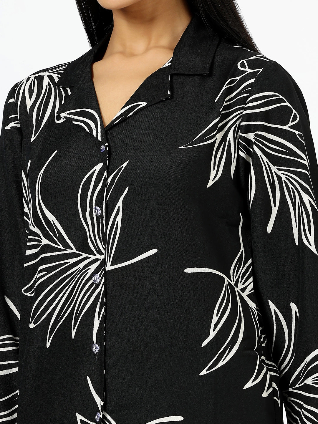 Black & White Tropical Leaf Print Co-ord Set For Women - Rheycart