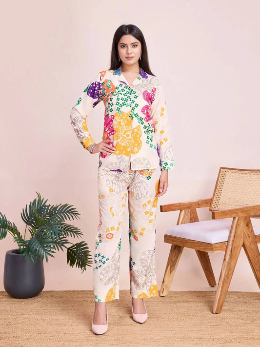 Tropical Printed White Co Ord Set for Women - Rheycart