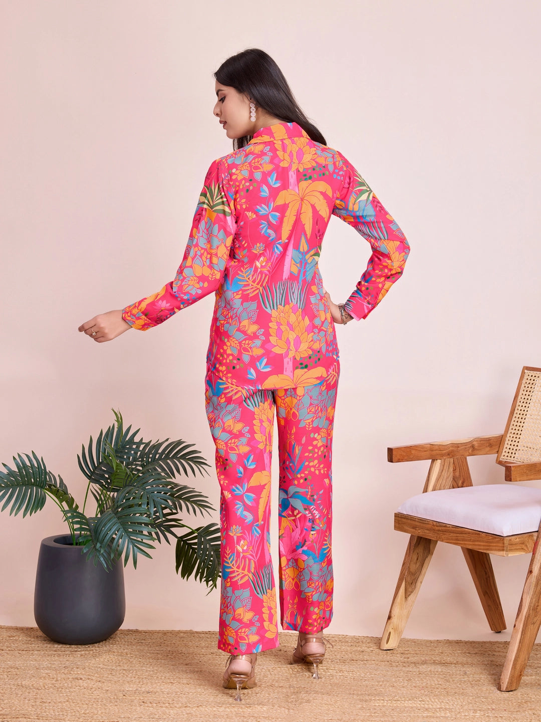 Pink Tropical Printed Co Ord Set for Women - Rheycart
