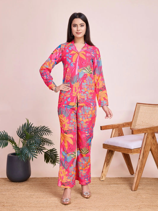 Pink Tropical Printed Co Ord Set for Women - Rheycart