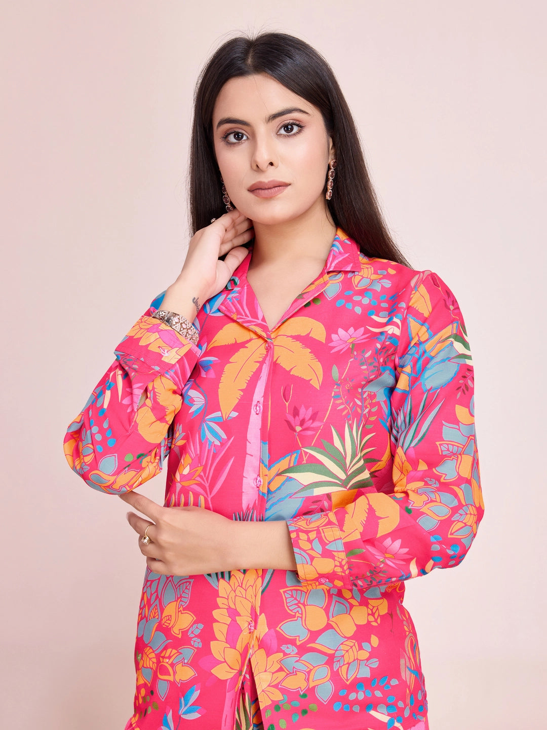 Pink Tropical Printed Co Ord Set for Women - Rheycart