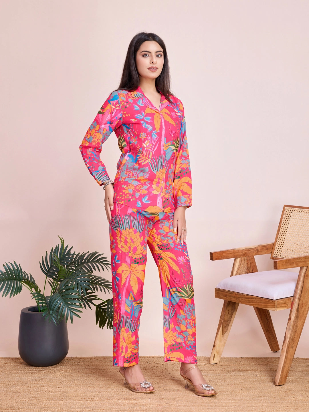 Pink Tropical Printed Co Ord Set for Women - Rheycart