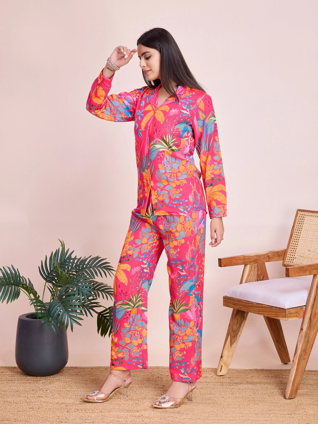 Pink Tropical Printed Co Ord Set for Women - Rheycart