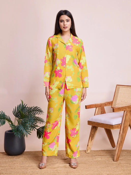 Mustard Yellow Floral Printed Co Ord Set for Women - Rheycart