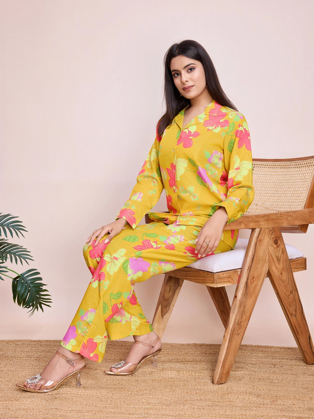 Mustard Yellow Floral Printed Co Ord Set for Women - Rheycart