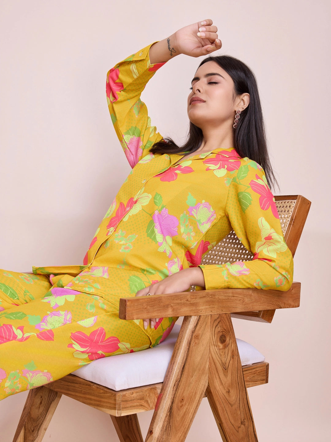 Mustard Yellow Floral Printed Co Ord Set for Women - Rheycart