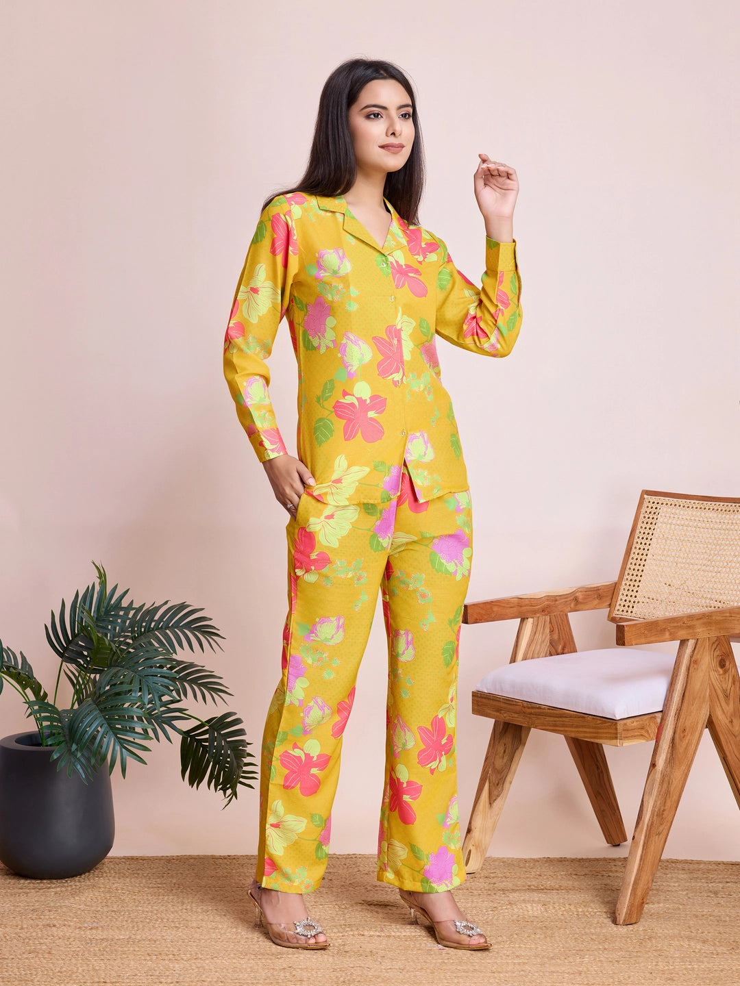 Mustard Yellow Floral Printed Co Ord Set for Women - Rheycart