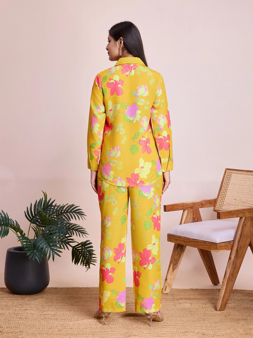 Mustard Yellow Floral Printed Co Ord Set for Women - Rheycart