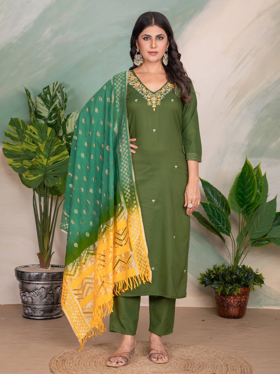 Mehendi Color Embroidery Work Straight Kurti Set - Rheycart