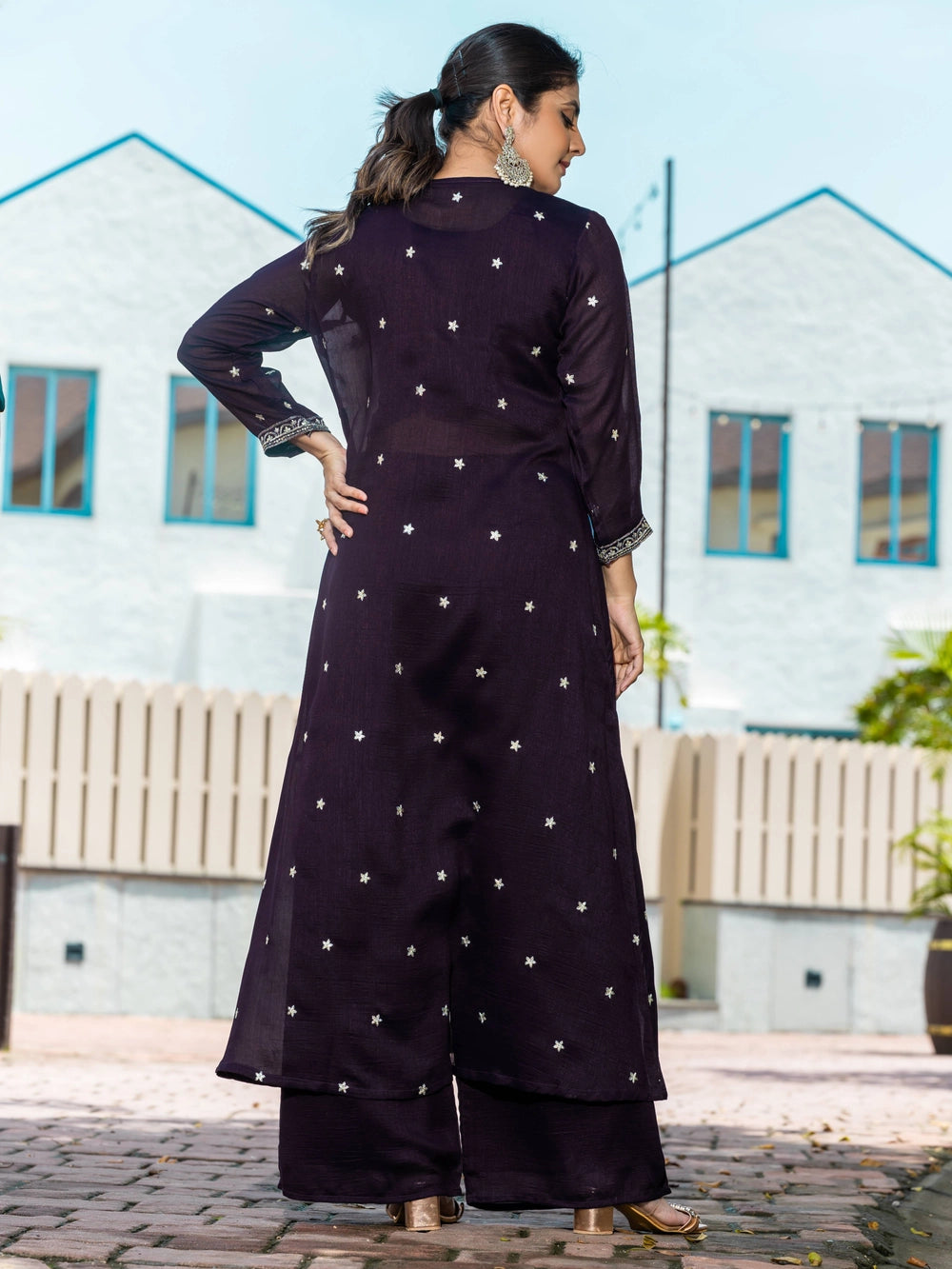 Violet Vichitra Silk Top Bottom With Shrug - Rheycart