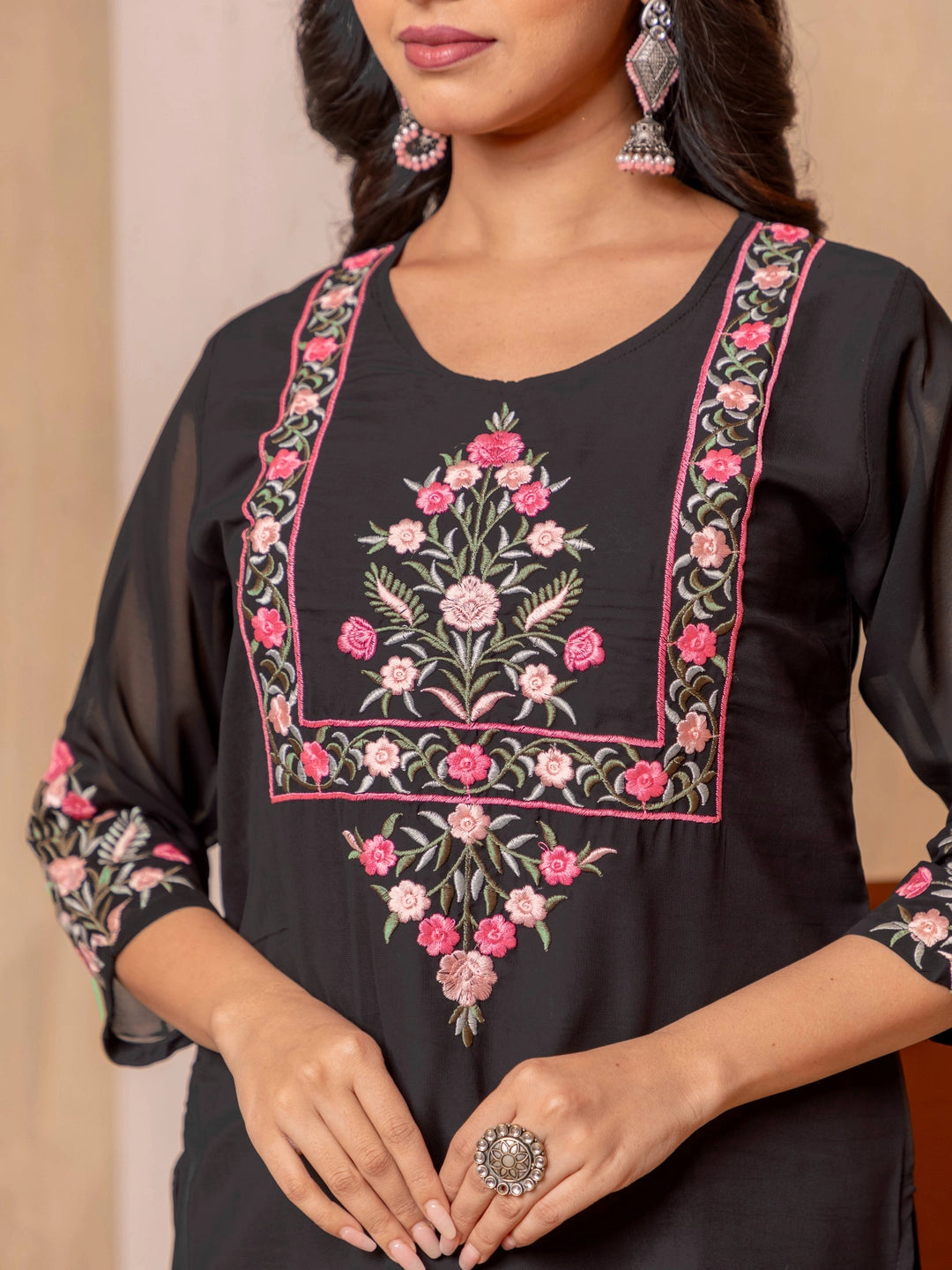 Faux Georgette Embroidery work Black Kurti Set - Rheycart