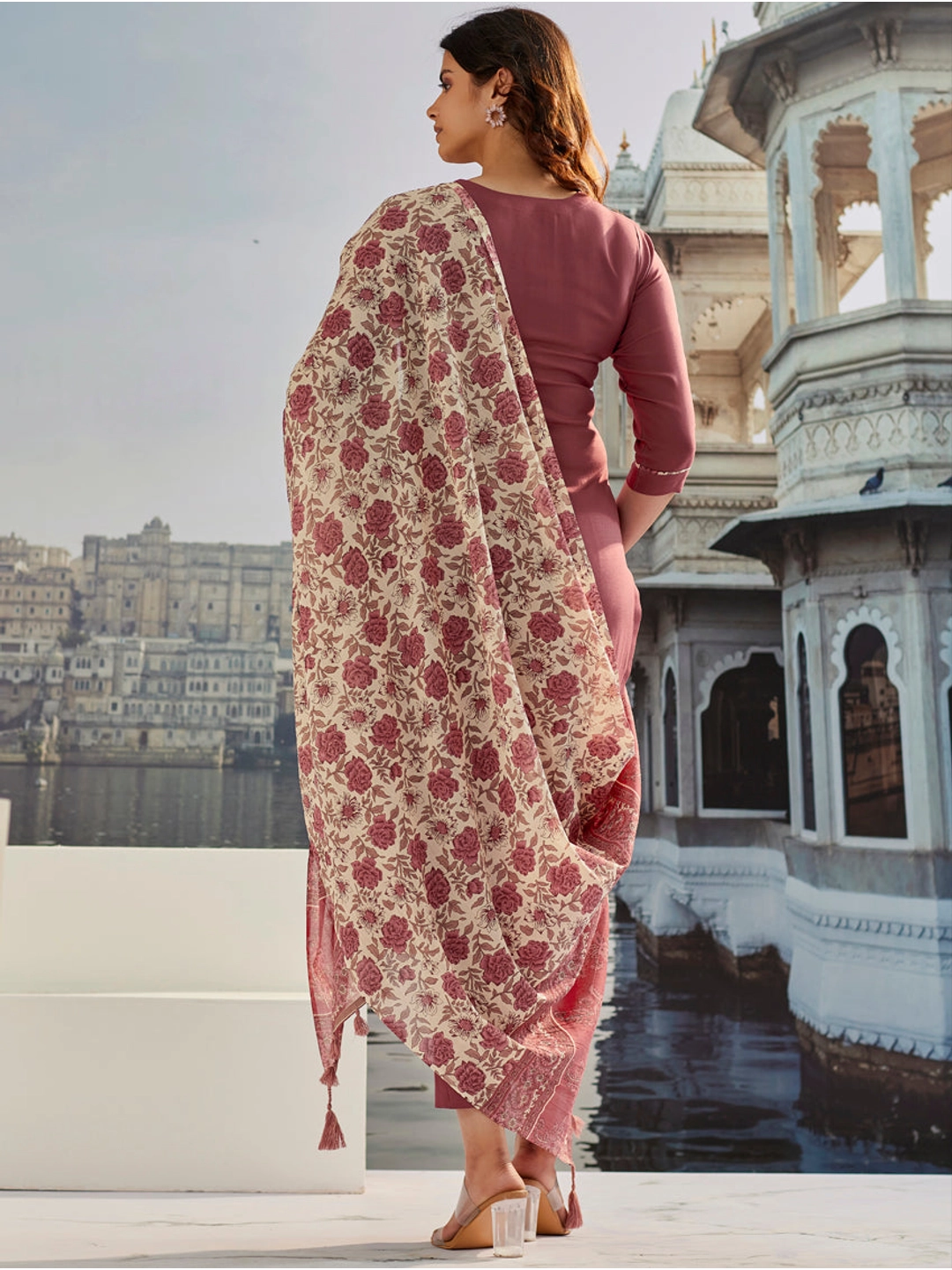 Embroidered Maroon Cotton Silk Kurta Set with Floral Dupatta - Rheycart