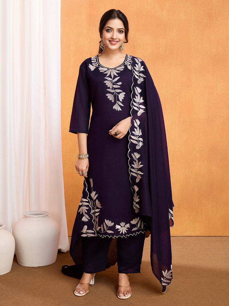 Violet Vichitra Silk Embroidered Straight Suit Set - Rheycart