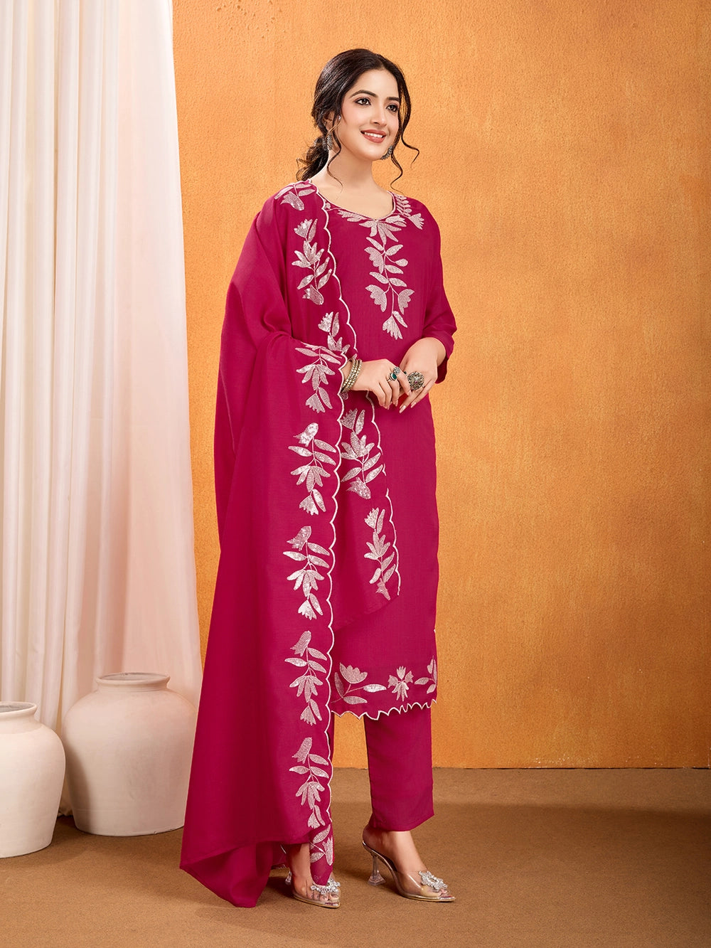 Pink Vichitra Silk Embroidery Straight Kurti Set - Rheycart