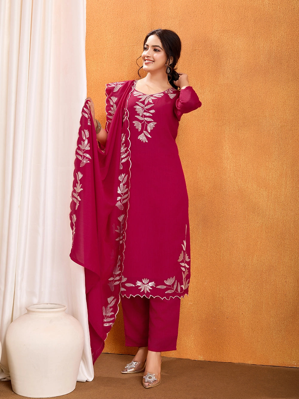 Pink Vichitra Silk Embroidery Straight Kurti Set - Rheycart